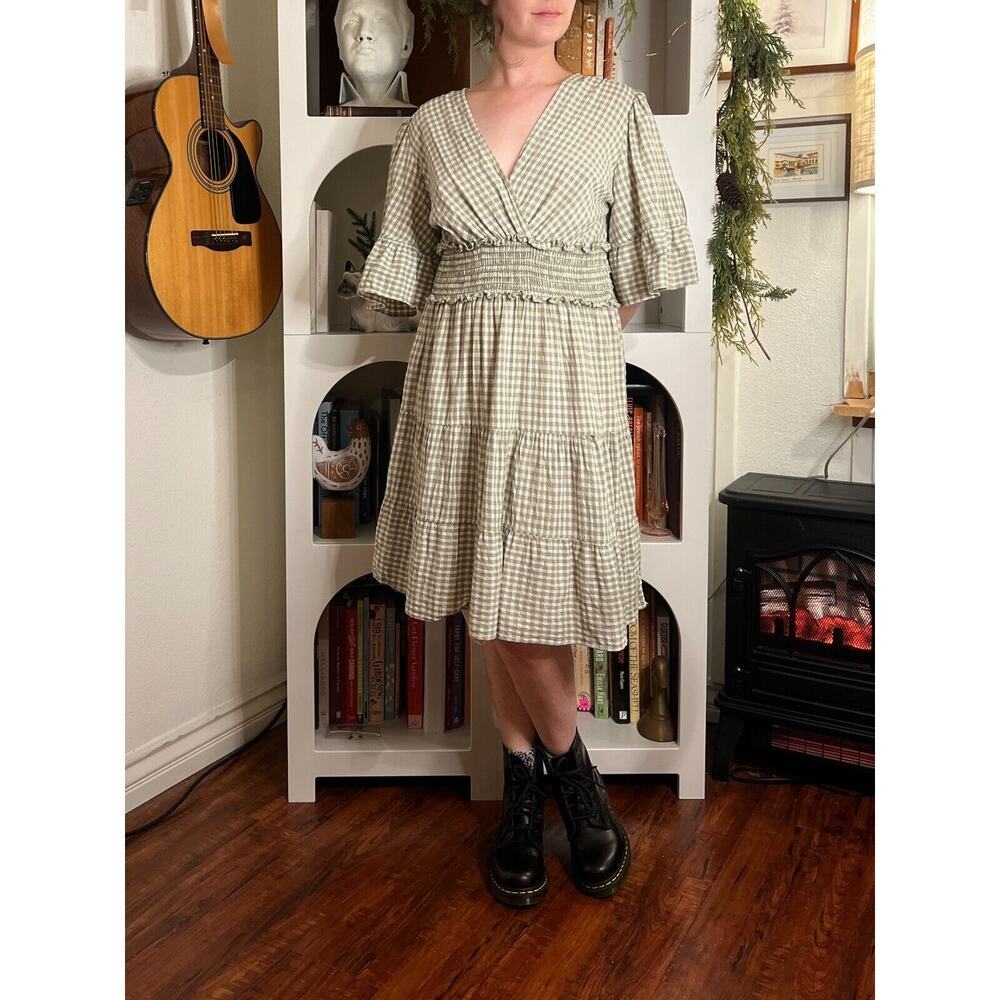 Max Studio Womens Smocked Green Plaid Sun Dress Sz M Cottagecore Country Spring